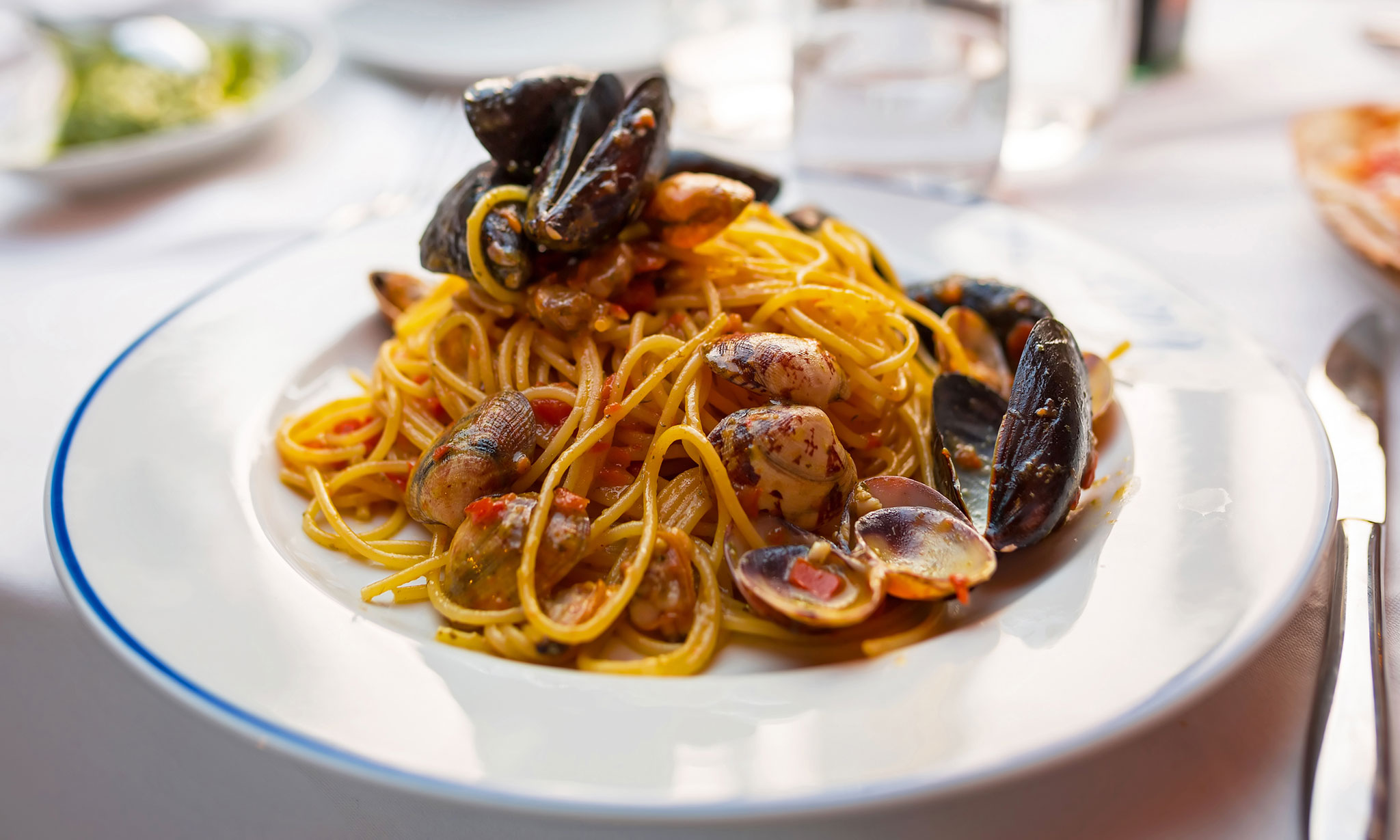 Ein Pastagericht mit verschiedenen Sorten Muscheln auf einem weißen Porzellanteller