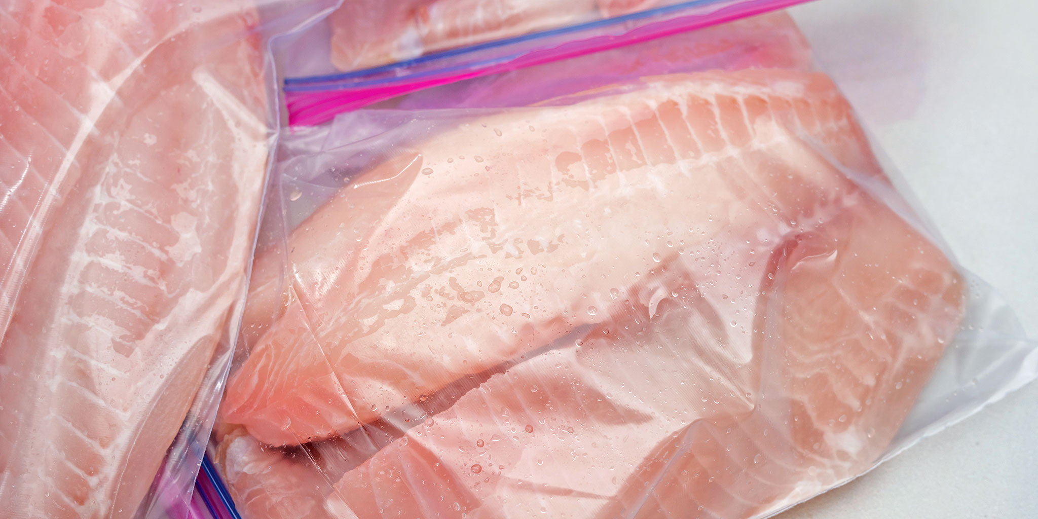 Frische Fischfilets, verteilt auf mehrere übereinanderliegende Folienbeutel mit Zip-Verschluss