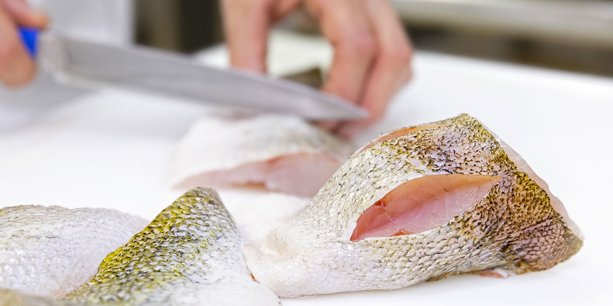 Frisch filetierte Fischstücke mit Haut auf einer weißen Arbeitsplatte, im Hintergrund unscharf eine Hand mit einem Messer, das weitere Stücke zerteilt