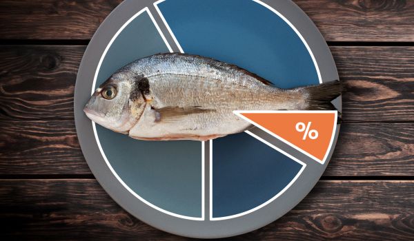 ein Teller mit einem Fisch, von oben fotografiert, ein Tortendiagramm ist darüberglegt